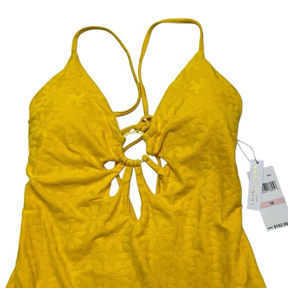 Trina Turk Swimsuit Womens 10 Yellow Joplin Jacquard Petal Cutout Plunge 1 Piece - Picture 2 of 11